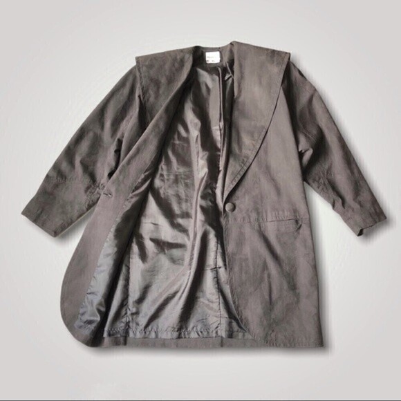 80s Vintage Faux Suede Cocoon Coat 1 Button Oversized Shawl Collar Slate Gray - Picture 7 of 12